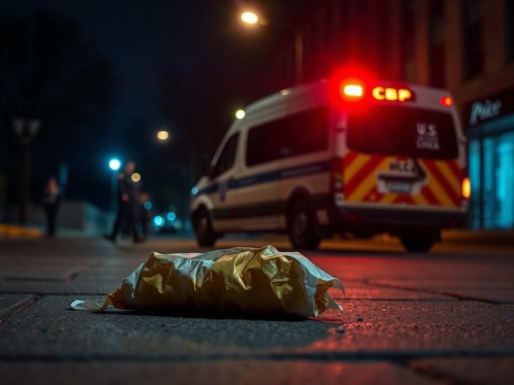 Flick International Crumpled Subway sandwich on the pavement in Washington D.C. at night, symbolizing an unusual confrontation