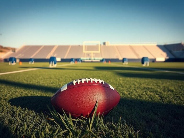 Flick International Empty football field at Dallas Cowboys practice facility in Oxnard, California, with a football resting on the turf