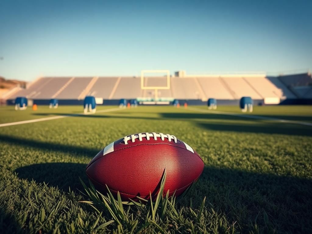 Flick International Empty football field at Dallas Cowboys practice facility in Oxnard, California, with a football resting on the turf