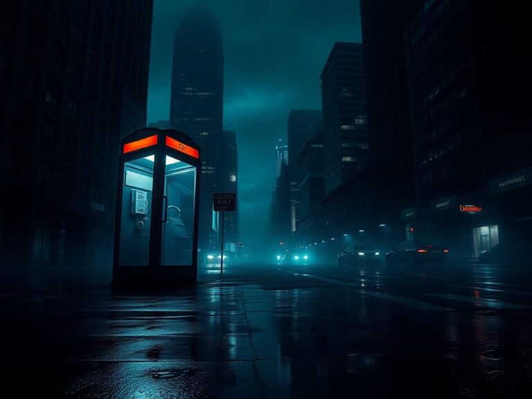 Flick International Dark urban scene of midtown Manhattan at night depicting an abandoned telephone booth and towering skyscrapers