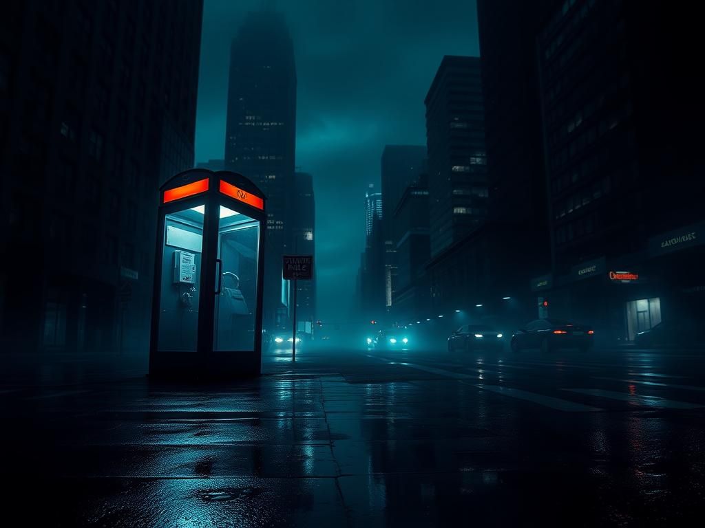 Flick International Dark urban scene of midtown Manhattan at night depicting an abandoned telephone booth and towering skyscrapers