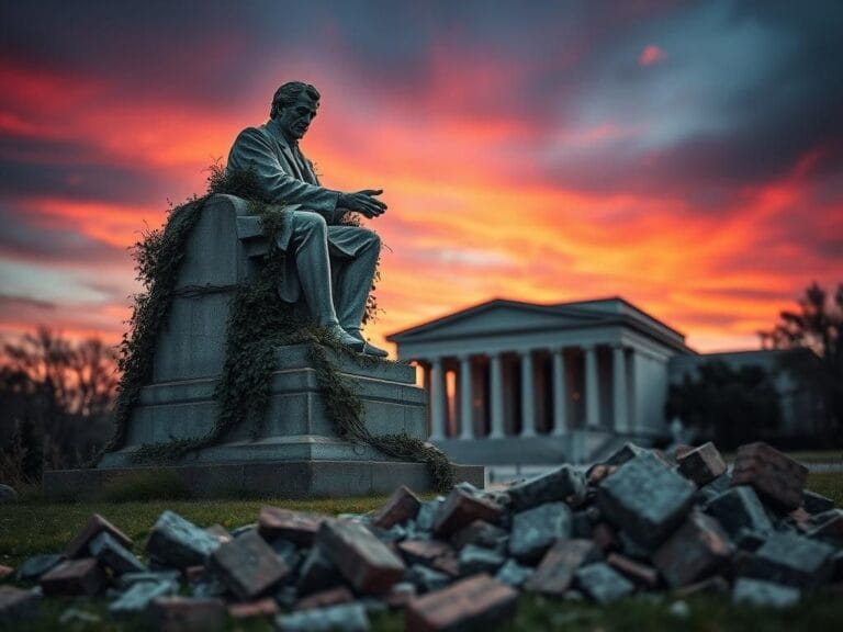 Flick International Weathered grand monument partially covered by overgrown vines and weeds, symbolizing historical conflicts over American history interpretation.