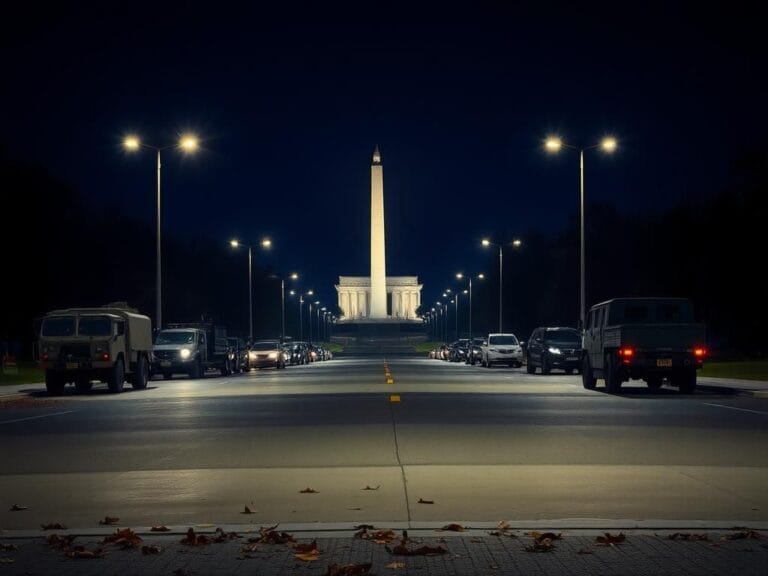 Flick International Empty National Mall in Washington D.C. at night with streetlights illuminating the iconic monuments.