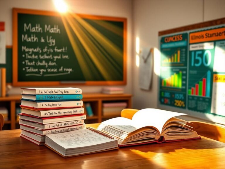 Flick International Vibrant classroom environment with wooden desk, books, notebooks, and chalkboard representing academic achievement