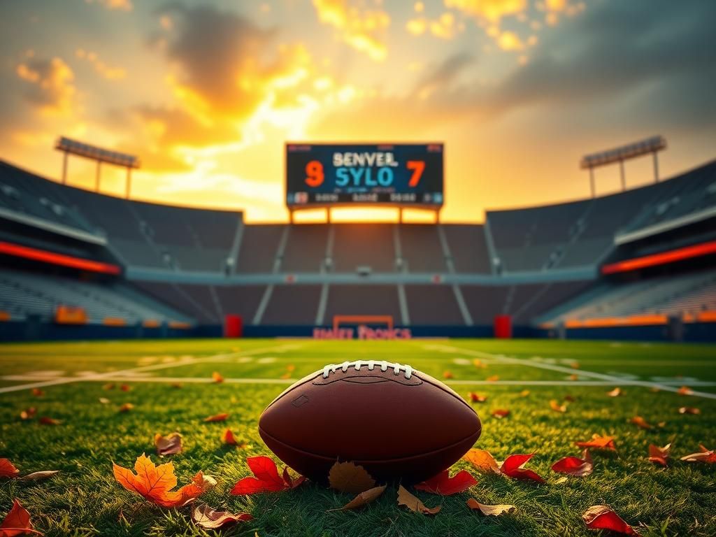 Flick International Serene view of Empower Field at Mile High with a football and autumn leaves, honoring Lionel Taylor