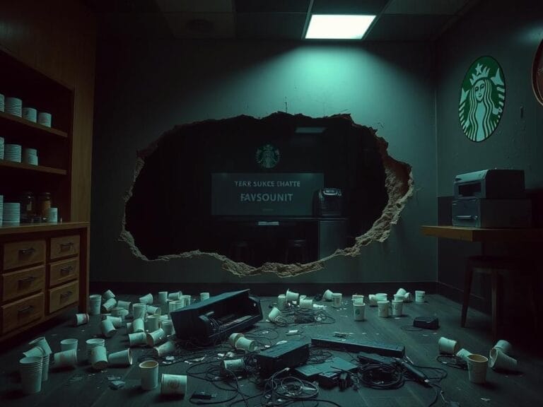 Flick International A large dark hole in the wall of a ransacked Starbucks coffee shop in Kingston, Washington.