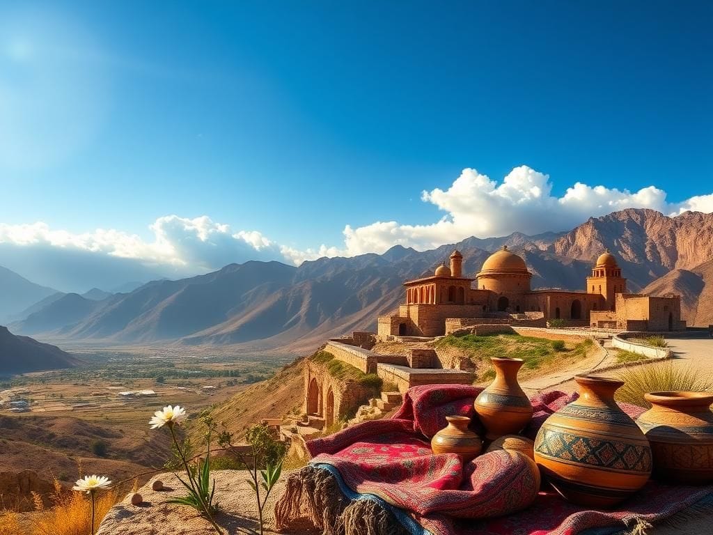 Flick International Sweeping view of Afghanistan's stunning landscapes with traditional handicrafts in the foreground
