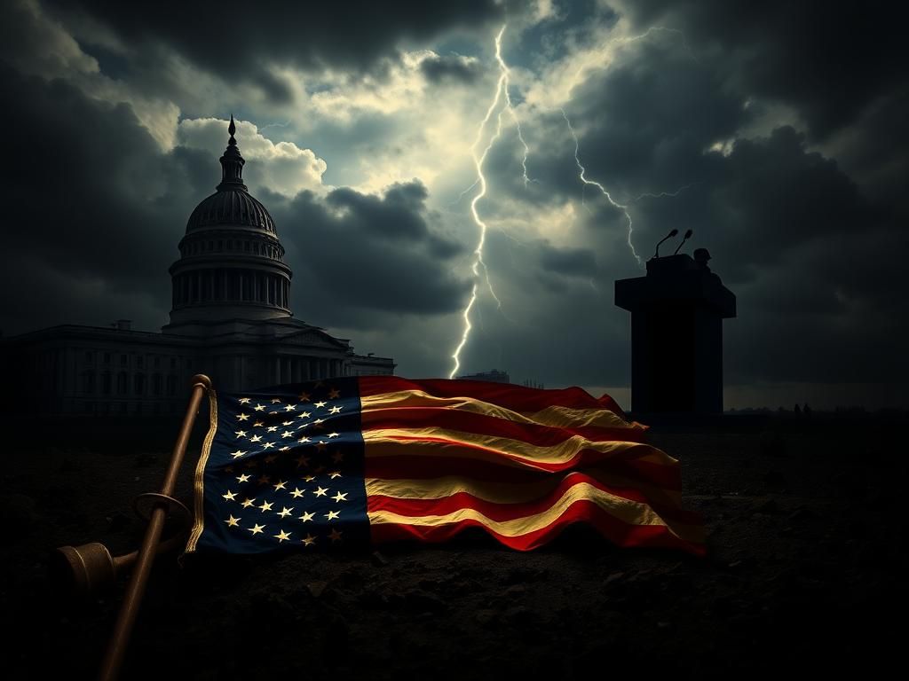 Flick International A somber landscape depicting symbols of American democracy and totalitarianism