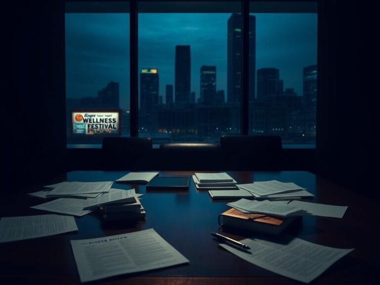Flick International A dimly lit corporate office with a wooden desk, papers, and a cityscape reflection