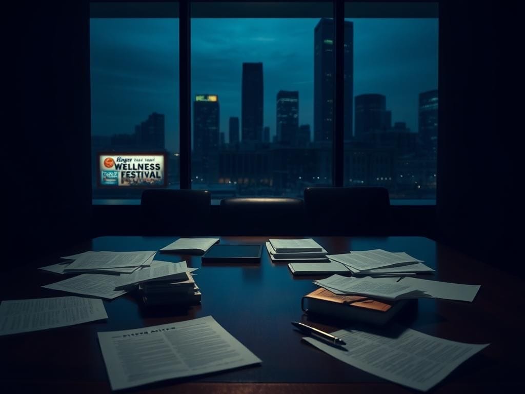 Flick International A dimly lit corporate office with a wooden desk, papers, and a cityscape reflection