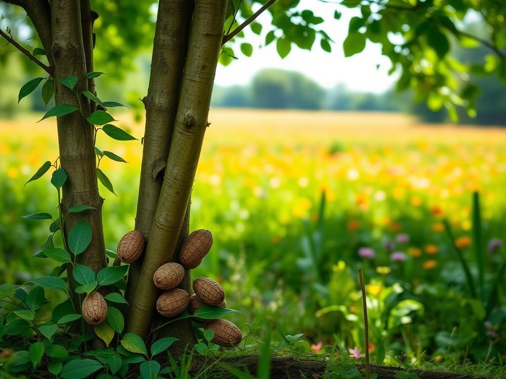 Flick International A serene outdoor scene showcasing a lush landscape with tree trunks and spotted lanternfly egg masses.