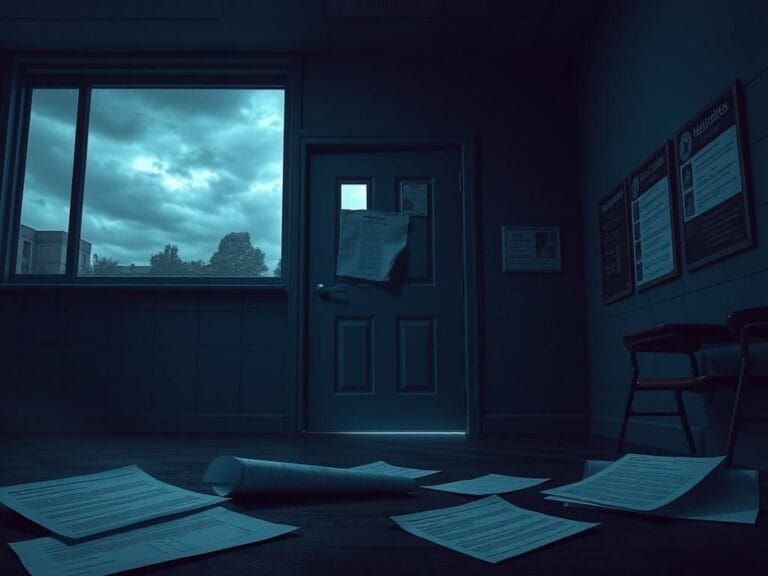 Flick International A closed classroom door with light seeping underneath, symbolizing secrecy in a high school setting