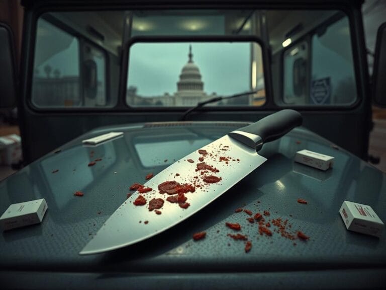 Flick International Close-up of a large butcher knife on a food truck hood in Washington, D.C.