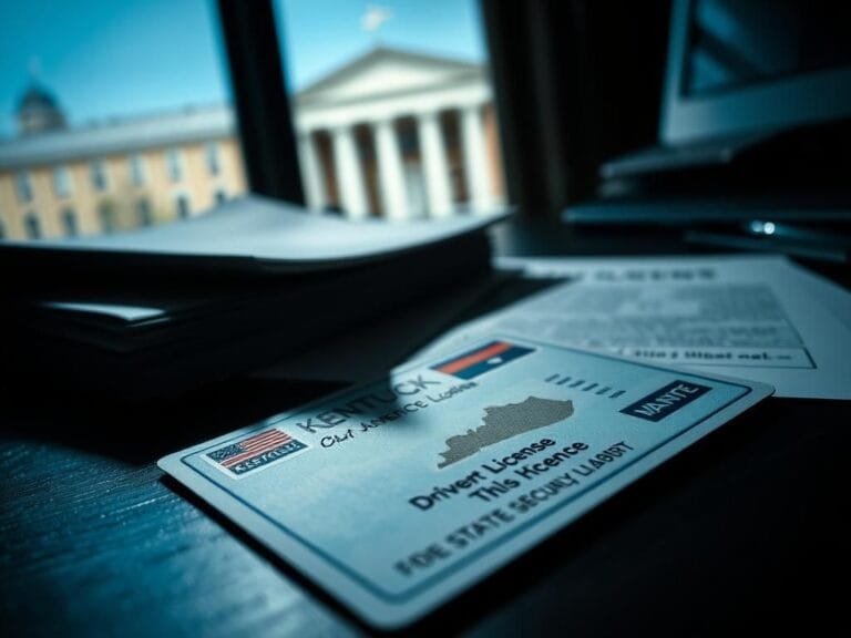 Flick International Close-up view of a Kentucky driver's license on a desk, symbolizing bureaucratic processes and controversy.