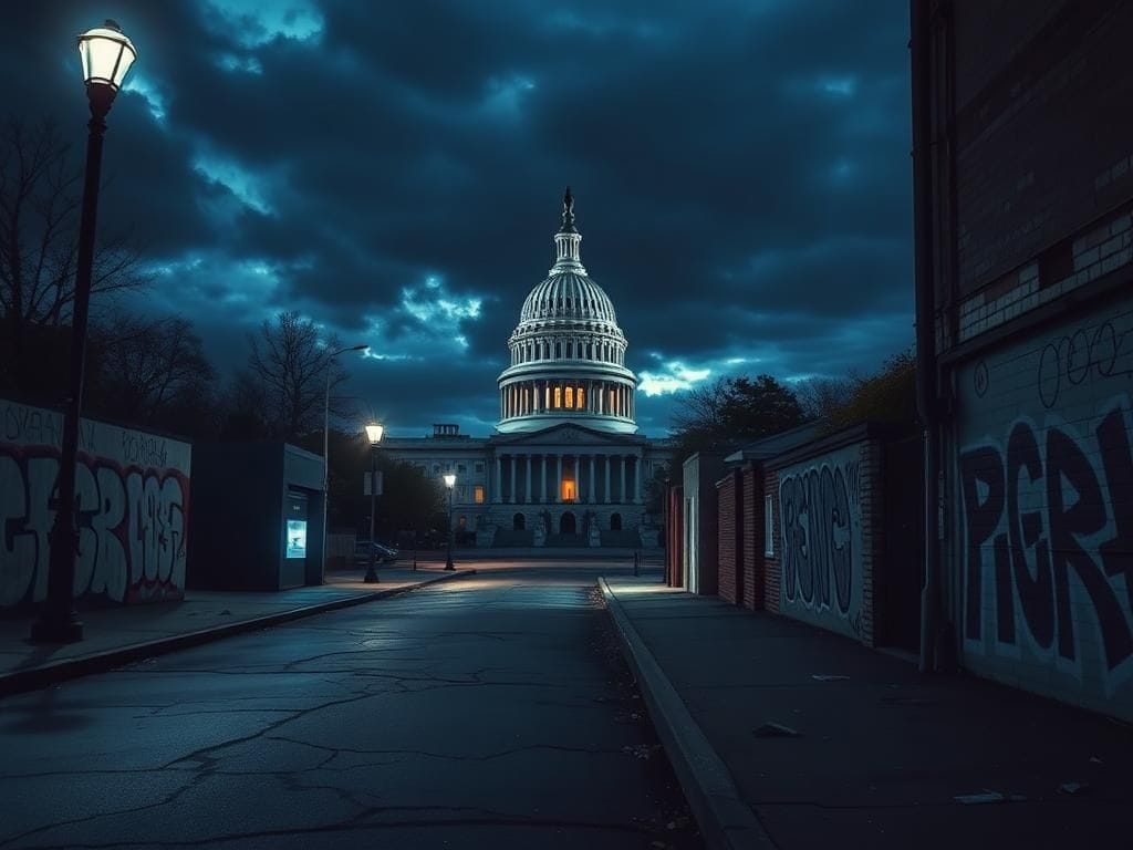 Flick International A somber view of the Capitol building in Washington D.C. at dusk, reflecting social unrest and youth gang activity.