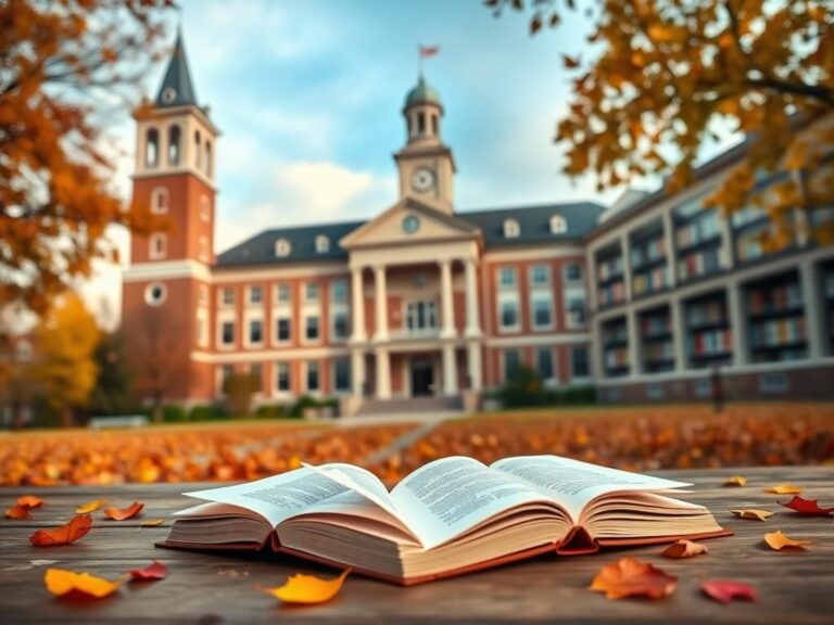 Flick International Serene university campus with a prominent clock tower and an open book on a table