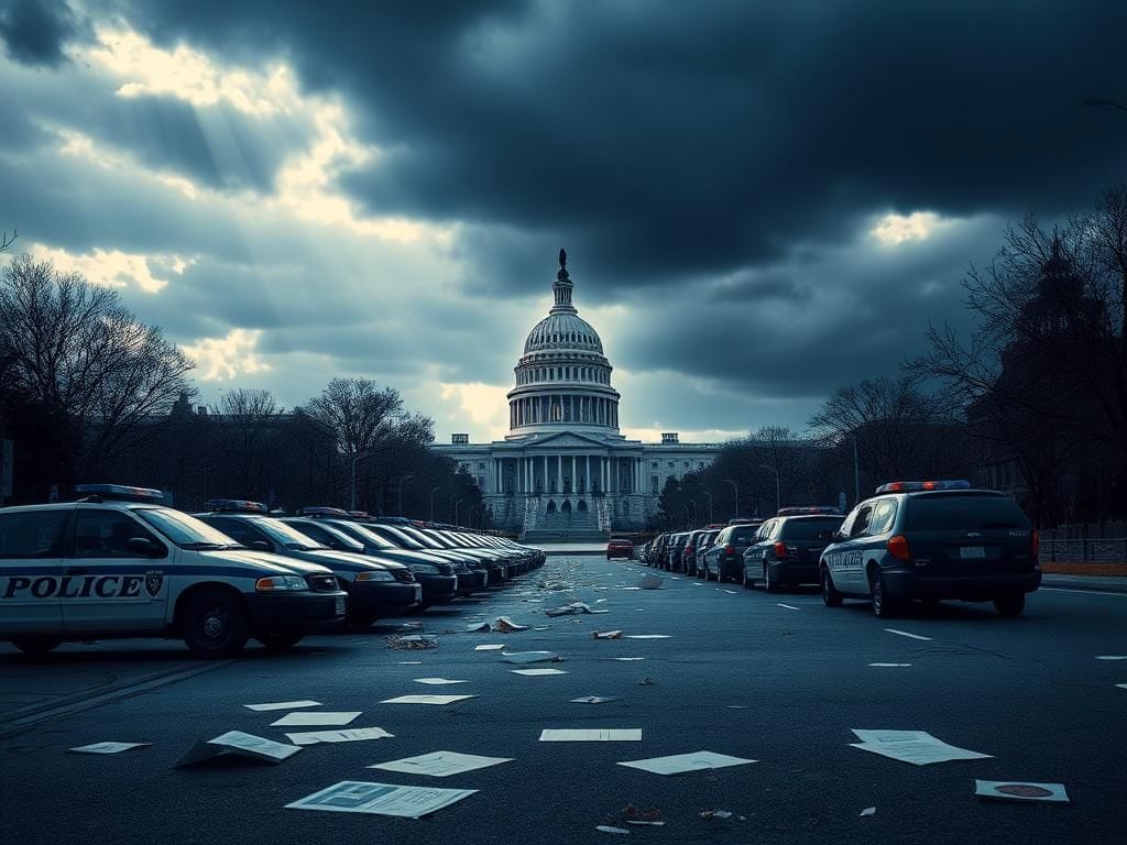 Flick International Abandoned police vehicles lined up on a quiet street in Washington, D.C., with the Capitol building in the background