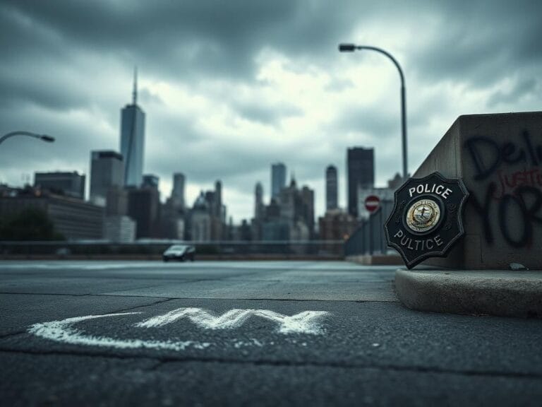 Flick International Urban scene depicting chalk outlines on pavement in NYC, symbolizing loss and tragedy post-crime incident