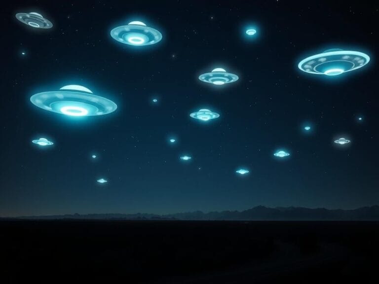 Flick International Mysterious glowing UFOs hovering over a desert landscape at night