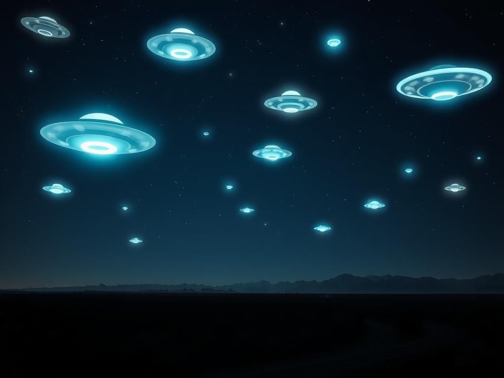Flick International Mysterious glowing UFOs hovering over a desert landscape at night