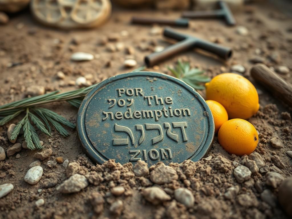 Flick International Close-up of a bronze coin with ancient Hebrew inscription resting on soft earth