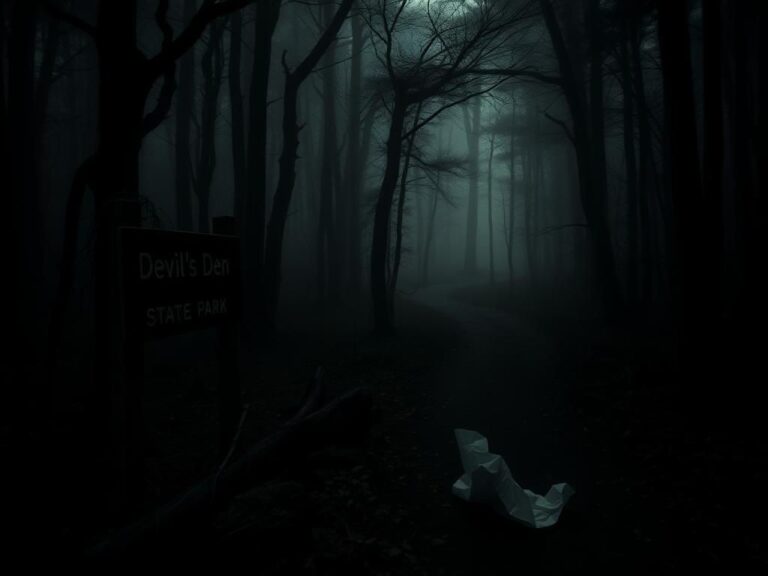 Flick International A dark, atmospheric hiking trail at Devil's Den State Park shrouded in mist and shadow