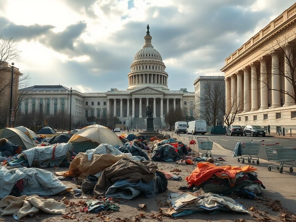 Flick International Somber scene depicting remnants of homeless encampments in Washington, D.C.