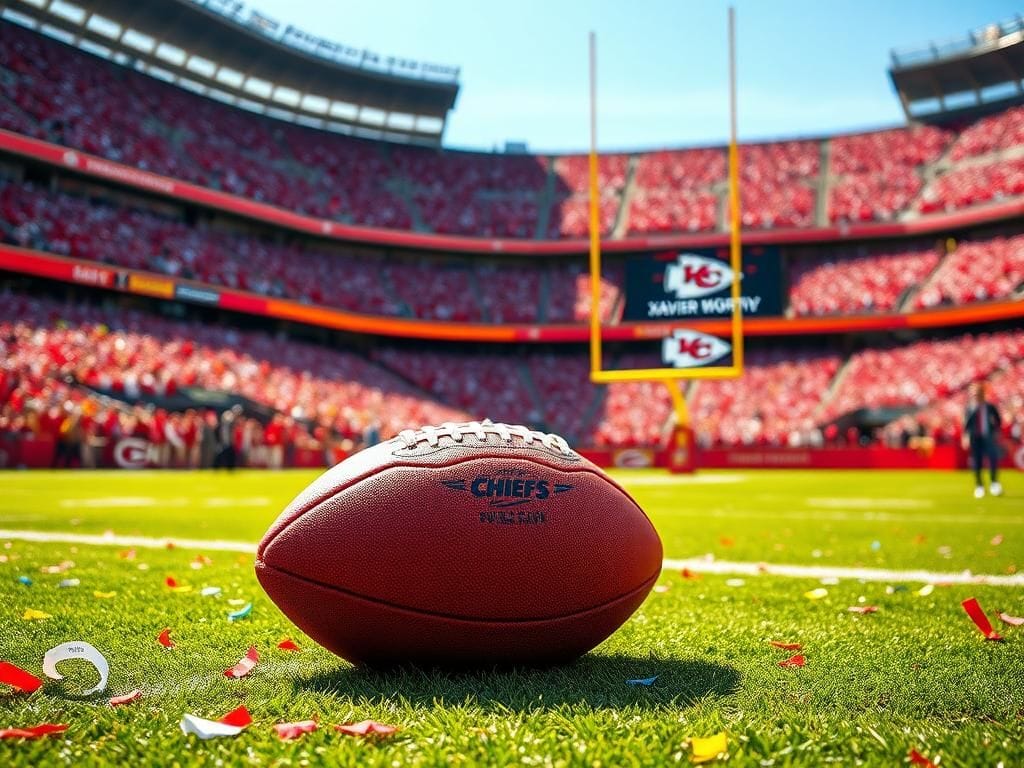 Flick International A close-up of a football on a green field with cheering fans and a digital screen displaying Xavier Worthy and the Chiefs logo.