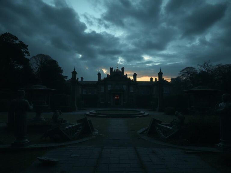 Flick International A dilapidated estate representing Royal Lodge with overgrown gardens under moody skies