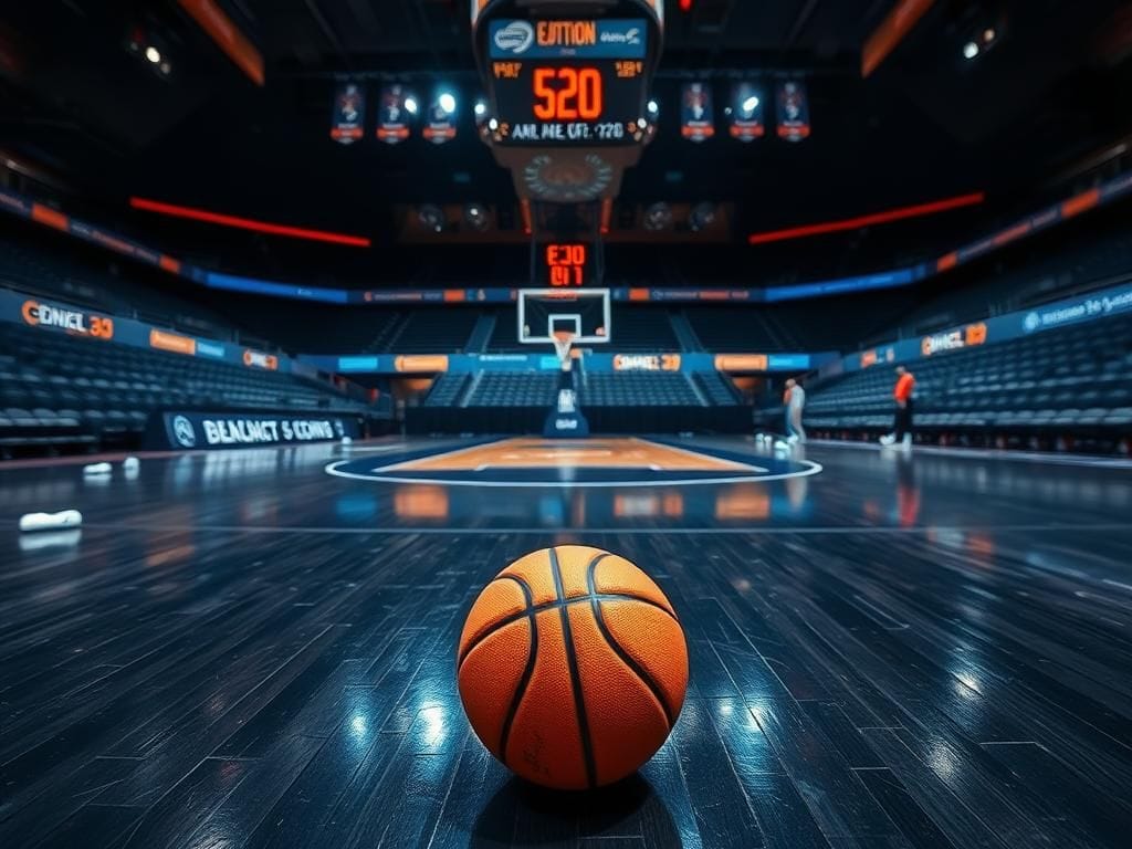 Flick International Basketball court mid-game with a scuffed ball and scattered water bottles amidst intense competition