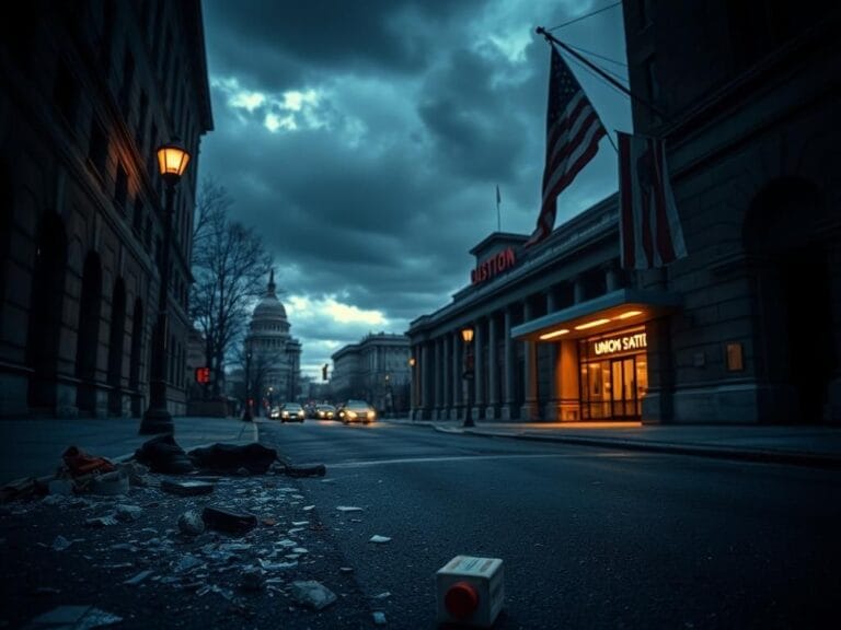Flick International Dark street scene in Washington, D.C. depicting a desolate alley with shattered glass and scattered belongings