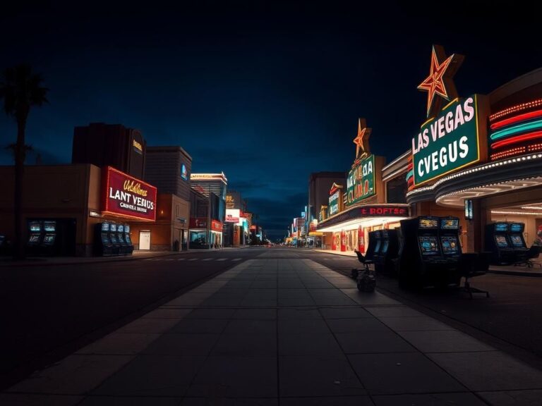 Flick International A deserted Las Vegas Strip at night with empty casino entrances and dimly lit neon signs.