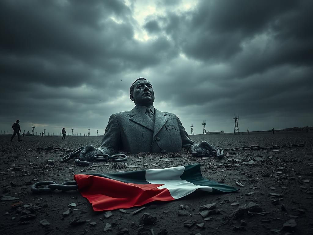 Flick International Half-buried cracked statue of Adolf Hitler surrounded by shattered glass and debris