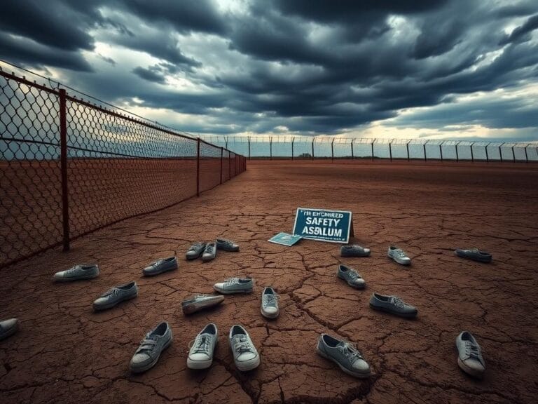 Flick International A desolate border landscape with empty children's shoes on the ground.