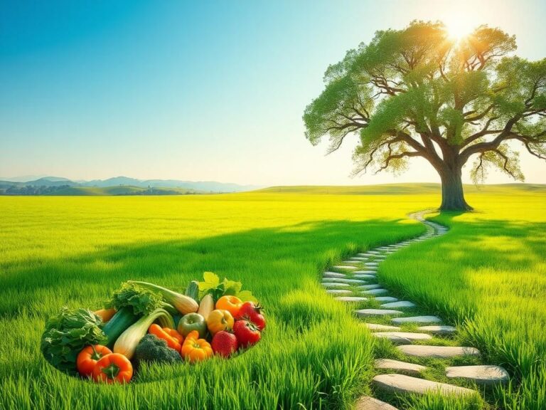 Flick International Serene landscape representing longevity and health with vibrant vegetables and fruits