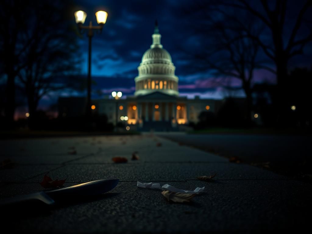 Flick International A dramatic street scene near the U.S. Capitol at dusk showing a deserted sidewalk with crime scene remnants