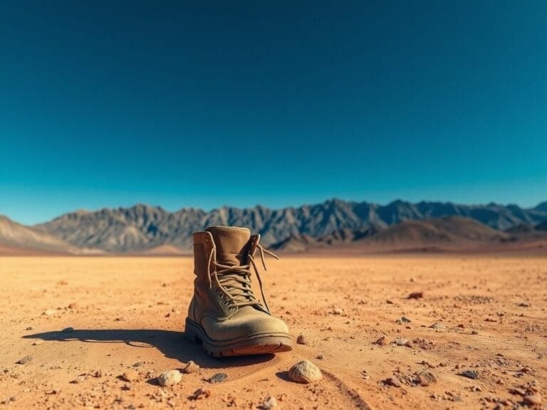 Flick International Solitary pair of worn combat boots on parched desert terrain symbolizing resilience