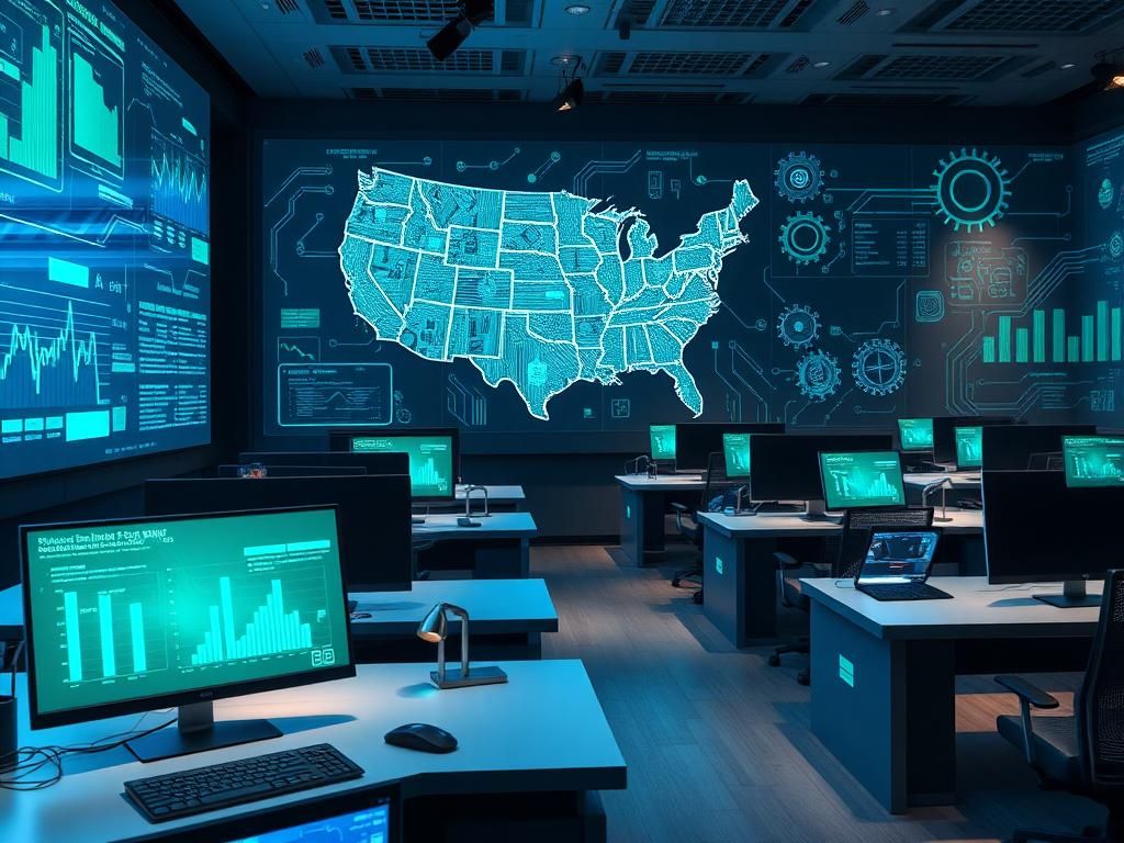 Flick International Futuristic government office showcasing AI tools and high-tech devices