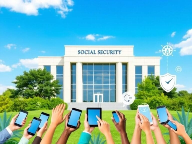 Flick International Modern Social Security Administration building with diverse hands using digital devices