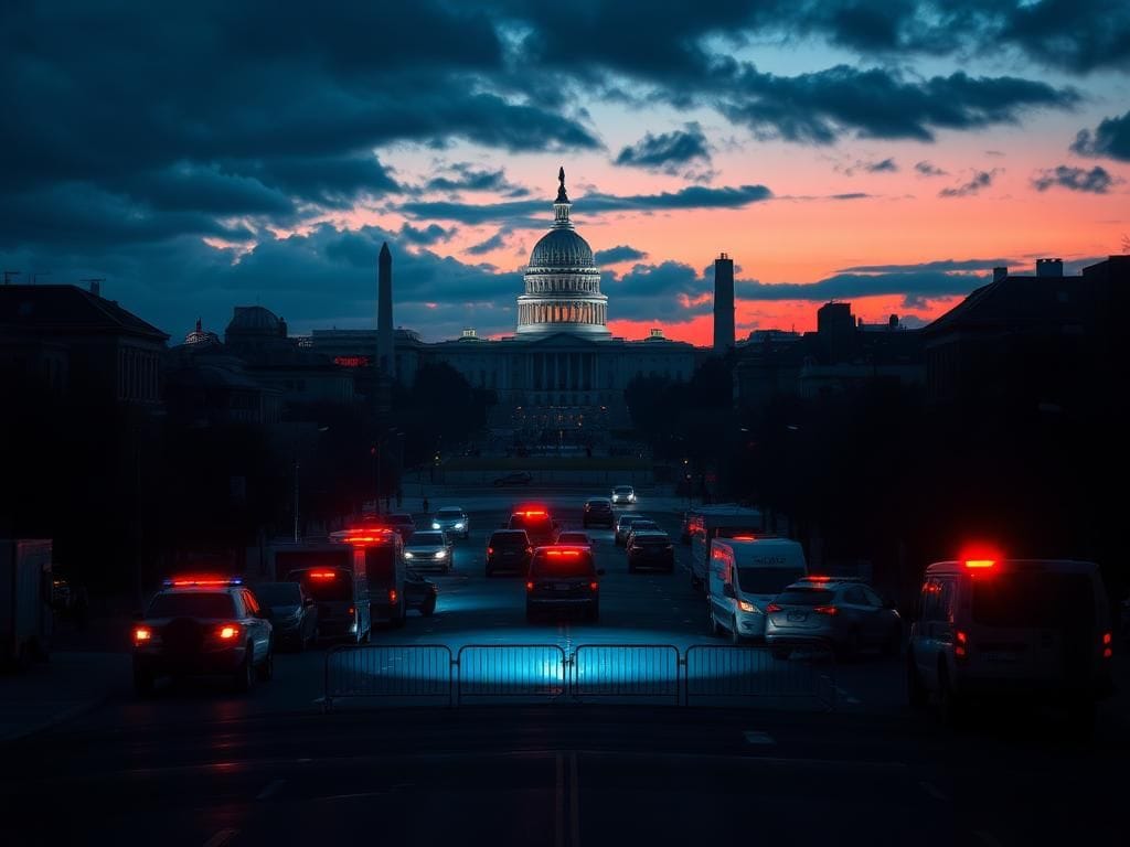 Flick International Dramatic urban scene of Washington D.C. skyline at dusk with police barricades