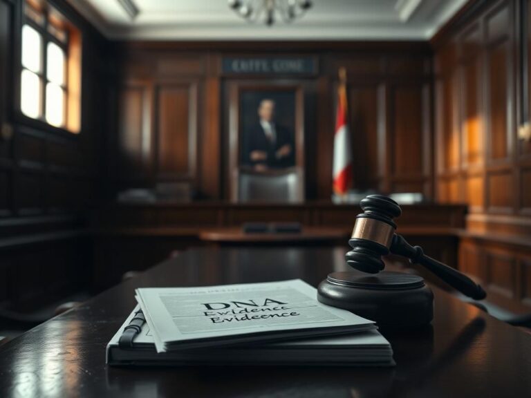 Flick International Somber courtroom scene with an empty wooden justice bench and gavel