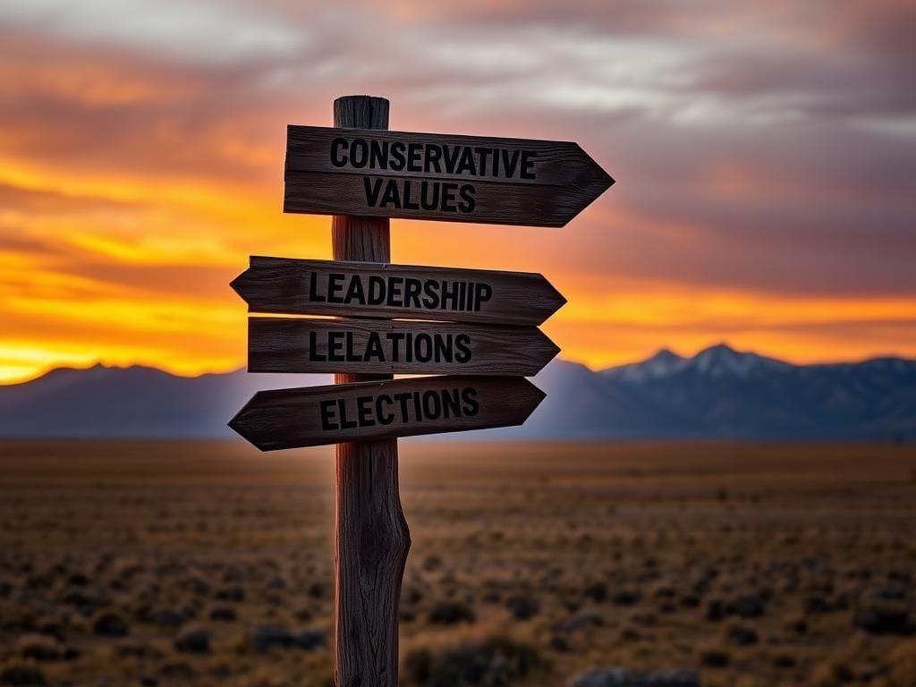 Flick International Rugged Wyoming landscape at sunset with directional sign post symbolizing political discourse