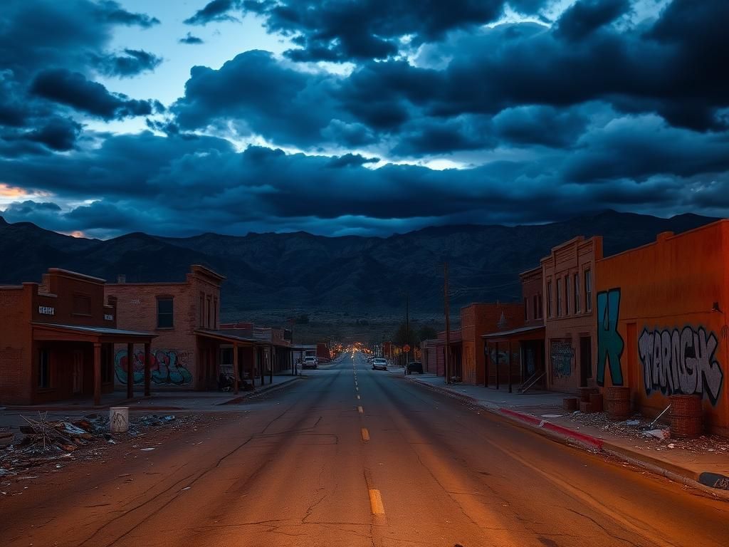 Flick International A deserted street in Rio Arriba County, New Mexico, highlighting the impact of crime and neglect.
