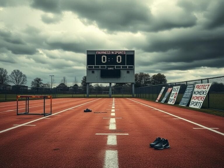 Flick International A desolate high school athletic field under a cloudy sky symbolizing the contentious debate surrounding transgender athletes in girls' sports.