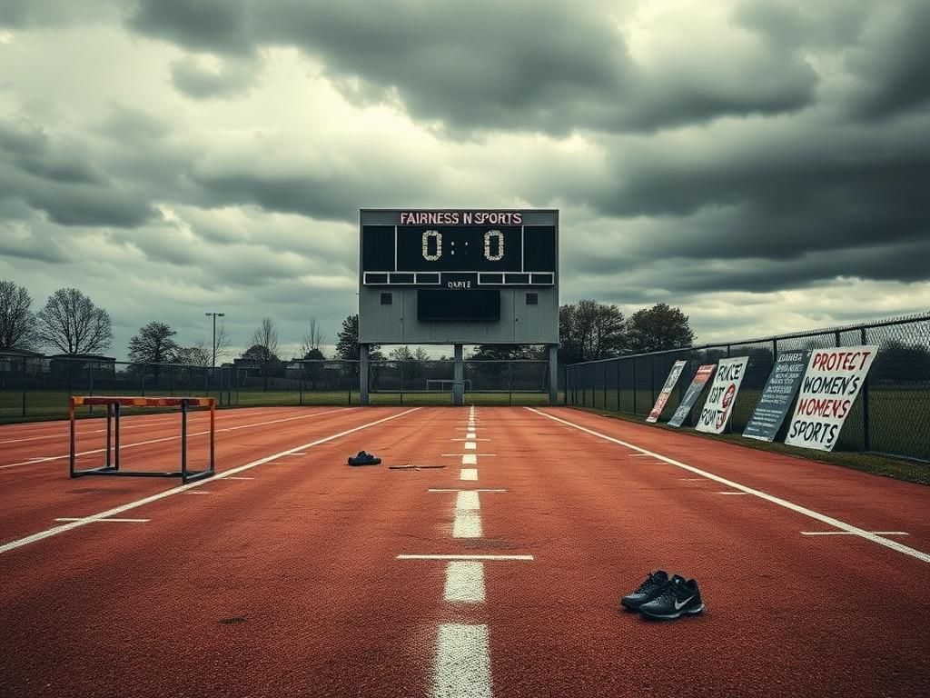 Flick International A desolate high school athletic field under a cloudy sky symbolizing the contentious debate surrounding transgender athletes in girls' sports.