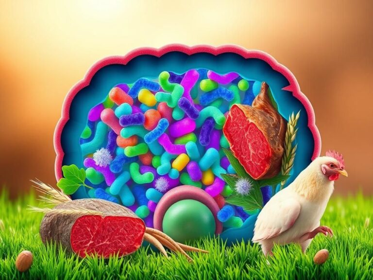 Flick International Stylized cross-section of a colorful gut microbiome with lean beef and chicken