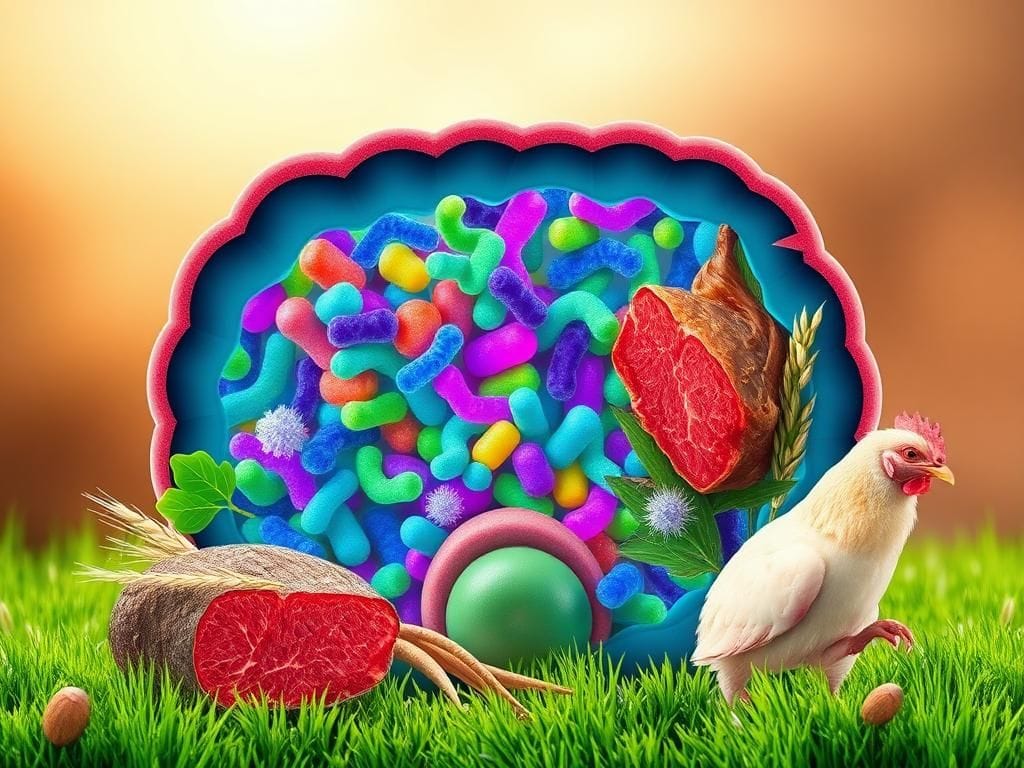 Flick International Stylized cross-section of a colorful gut microbiome with lean beef and chicken