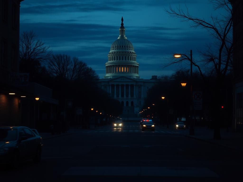 Flick International Somber view of Washington, D.C. at dusk with the U.S. Capitol Building silhouette