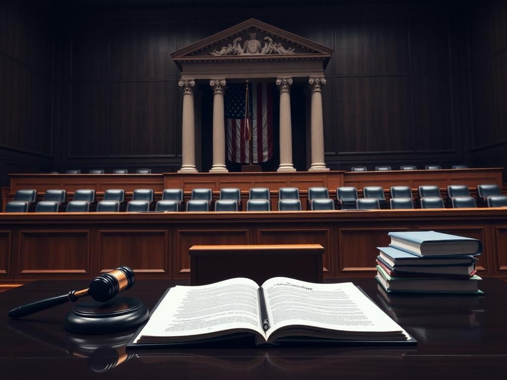 Flick International A solemn courtroom scene representing the Supreme Court with empty seats and an American flag in shadow
