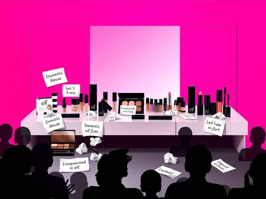 Flick International A vibrant makeup display with e.l.f. cosmetics and crumpled papers expressing outrage